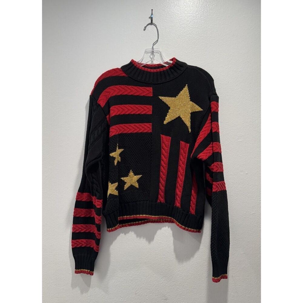 Vintage Lizwear Size Medium Black Red Gold Stars Stripes Sweater Cable Knit‎